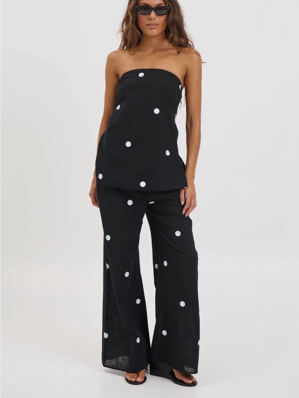 BRONZESNAKE Nora Set Black Polka Dot Wide Leg Cotton Pants Medium EUC boho comfy